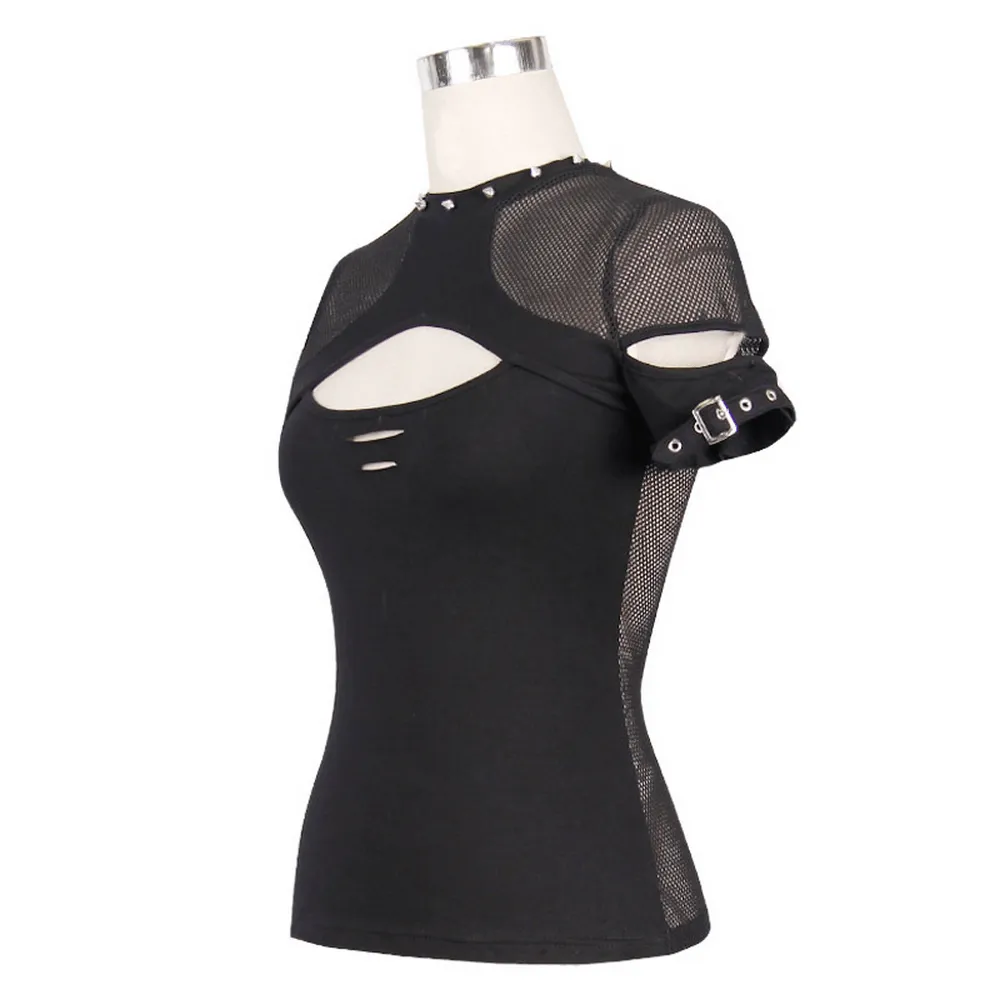 Dark Grunge Elegant Black T-shirts / Gothic Hollow Out Mesh Tops / Aesthetic Patchwork Tops