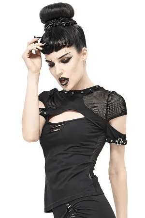 Dark Grunge Elegant Black T-shirts / Gothic Hollow Out Mesh Tops / Aesthetic Patchwork Tops