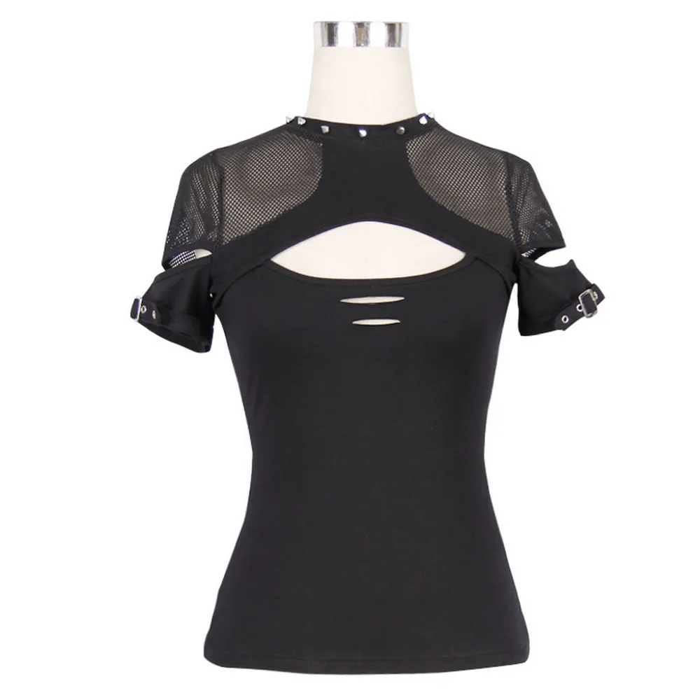 Dark Grunge Elegant Black T-shirts / Gothic Hollow Out Mesh Tops / Aesthetic Patchwork Tops