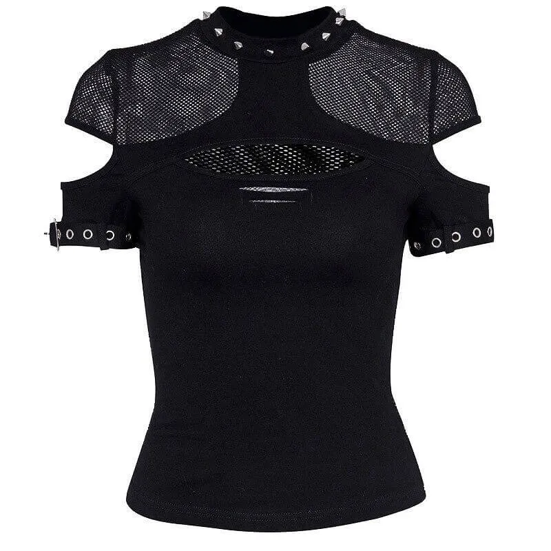 Dark Grunge Elegant Black T-shirts / Gothic Hollow Out Mesh Tops / Aesthetic Patchwork Tops