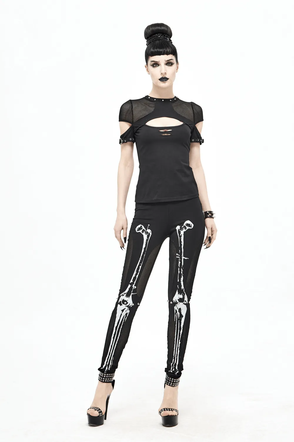 Dark Grunge Elegant Black T-shirts / Gothic Hollow Out Mesh Tops / Aesthetic Patchwork Tops