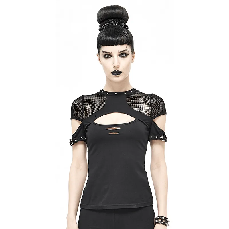 Dark Grunge Elegant Black T-shirts / Gothic Hollow Out Mesh Tops / Aesthetic Patchwork Tops