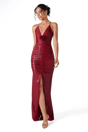 Deep V-Neck Detachable Rose Strap Gown in Wine