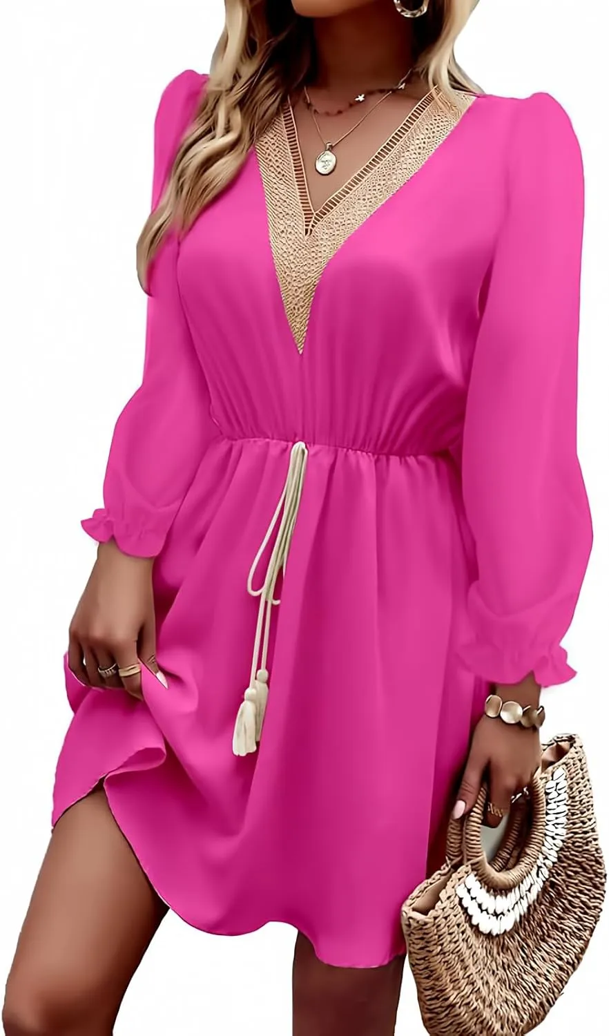 Dokotoo Womens V Neck Dresses Lantern Long Sleeve Lace Trim Midi Dress Tassel Belt Shirt Dress