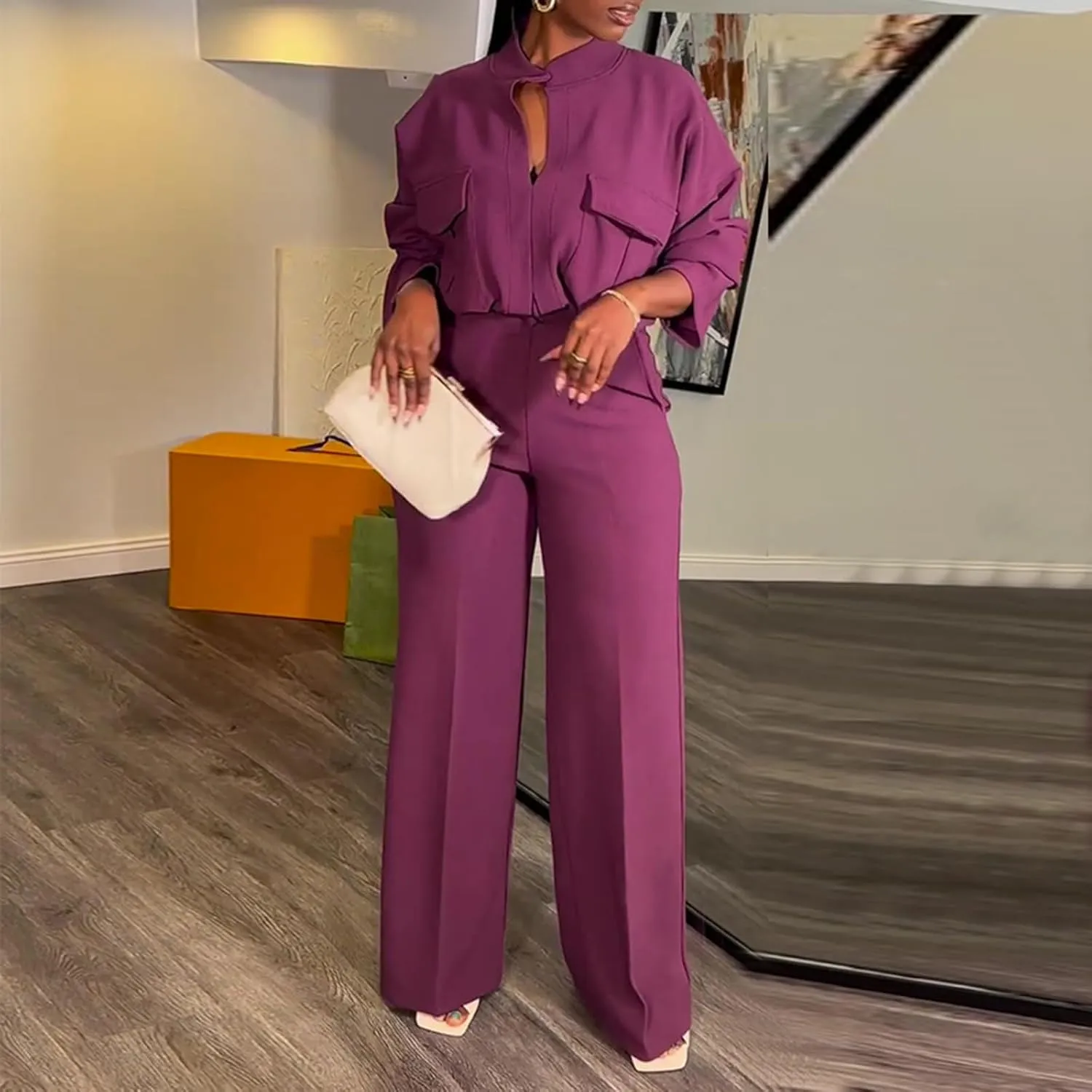 Dressy Casual 2 Piece Outfits for Curvy Women Plus Size Fashion Elegant Long Sleeve V-neck Shirt and Wide Leg Pant Set