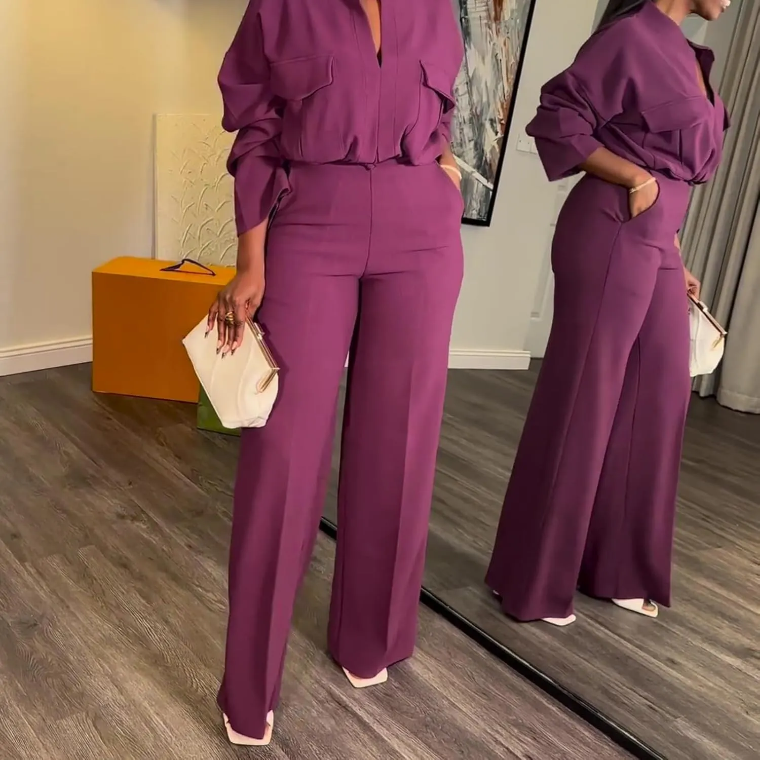 Dressy Casual 2 Piece Outfits for Curvy Women Plus Size Fashion Elegant Long Sleeve V-neck Shirt and Wide Leg Pant Set