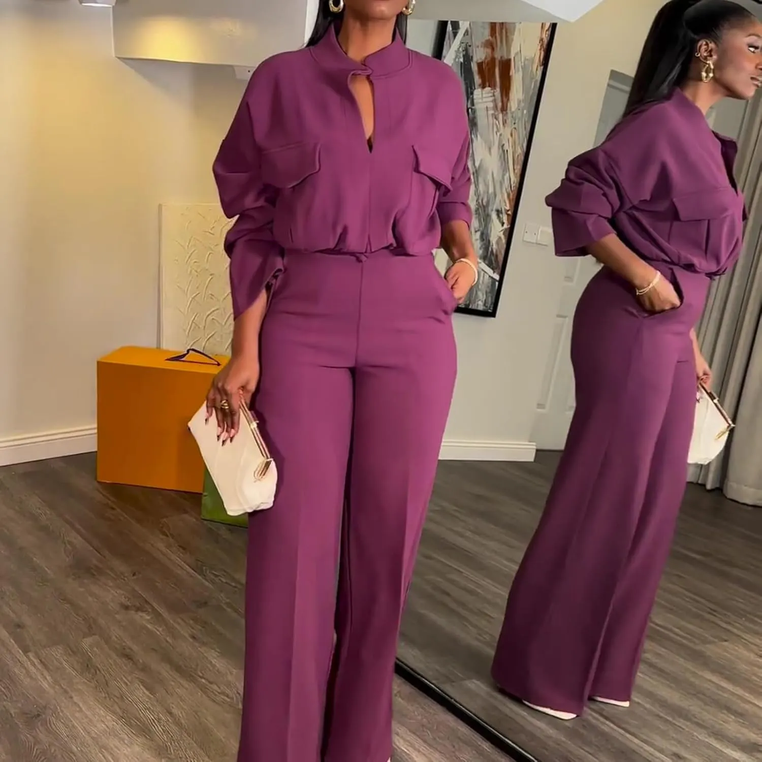Dressy Casual 2 Piece Outfits for Curvy Women Plus Size Fashion Elegant Long Sleeve V-neck Shirt and Wide Leg Pant Set