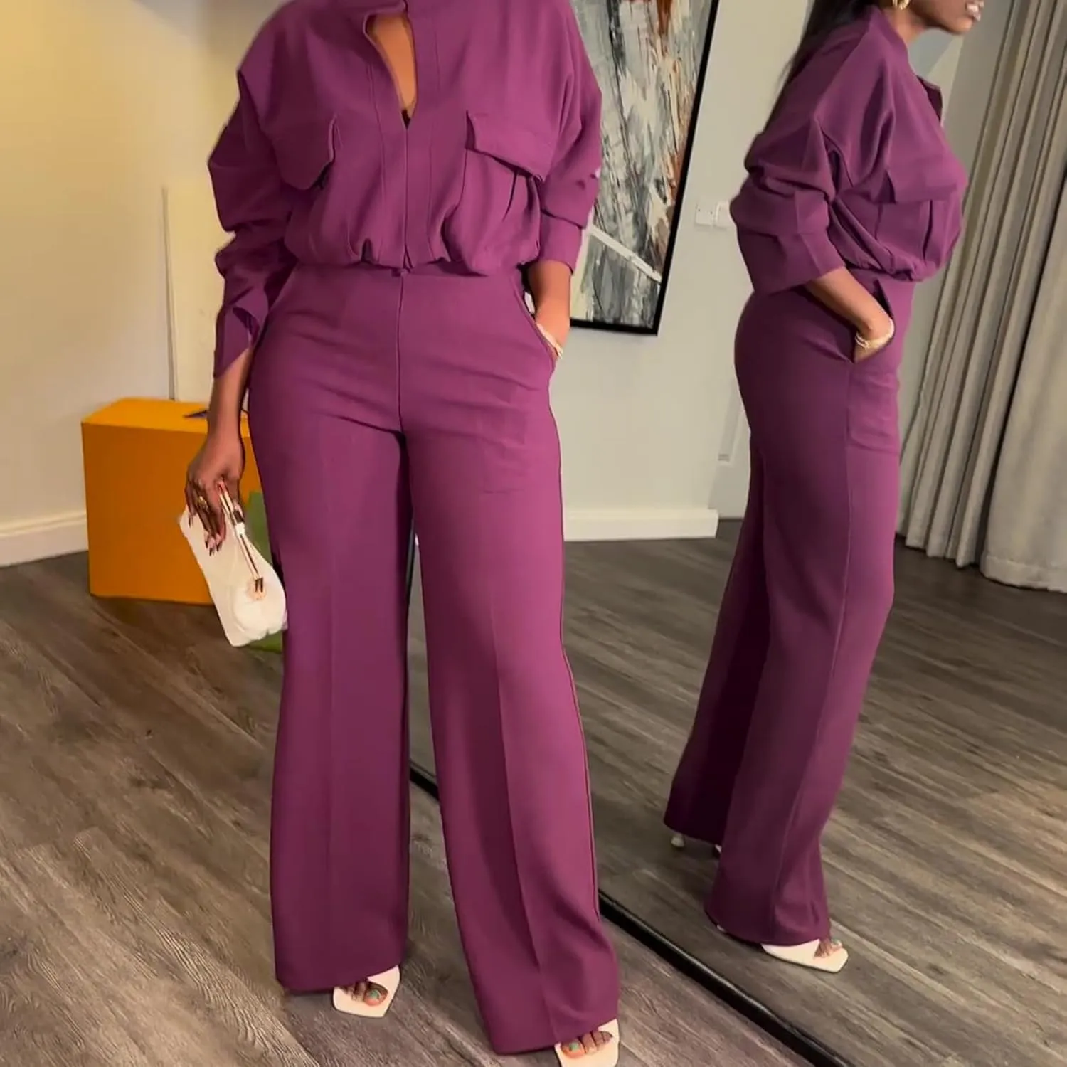 Dressy Casual 2 Piece Outfits for Curvy Women Plus Size Fashion Elegant Long Sleeve V-neck Shirt and Wide Leg Pant Set