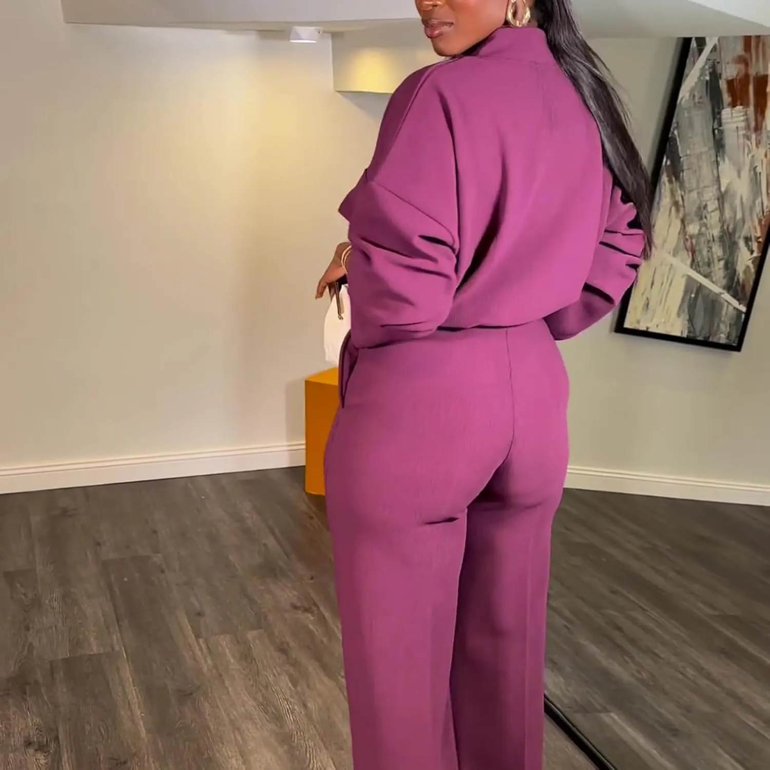 Dressy Casual 2 Piece Outfits for Curvy Women Plus Size Fashion Elegant Long Sleeve V-neck Shirt and Wide Leg Pant Set