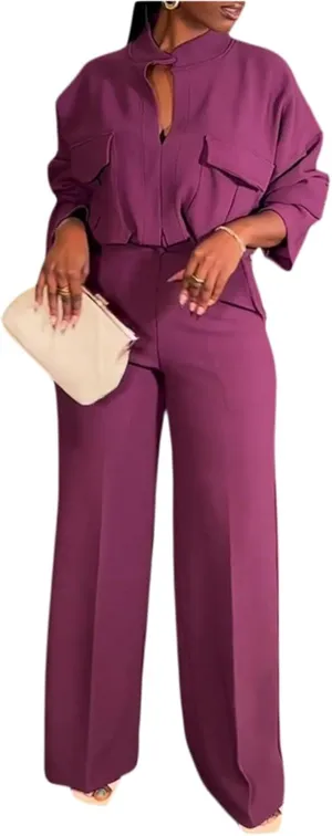 Dressy Casual 2 Piece Outfits for Curvy Women Plus Size Fashion Elegant Long Sleeve V-neck Shirt and Wide Leg Pant Set