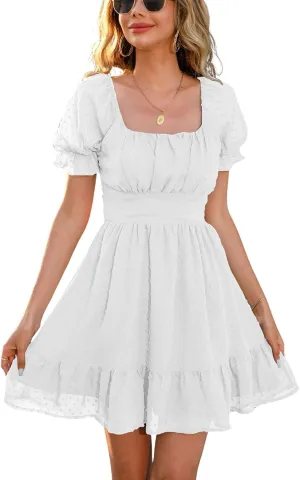 ebossy Womens Summer Boho Swiss Dot Backless Tie Knot Mini Dress Casual Ruffle Swing Party Dress