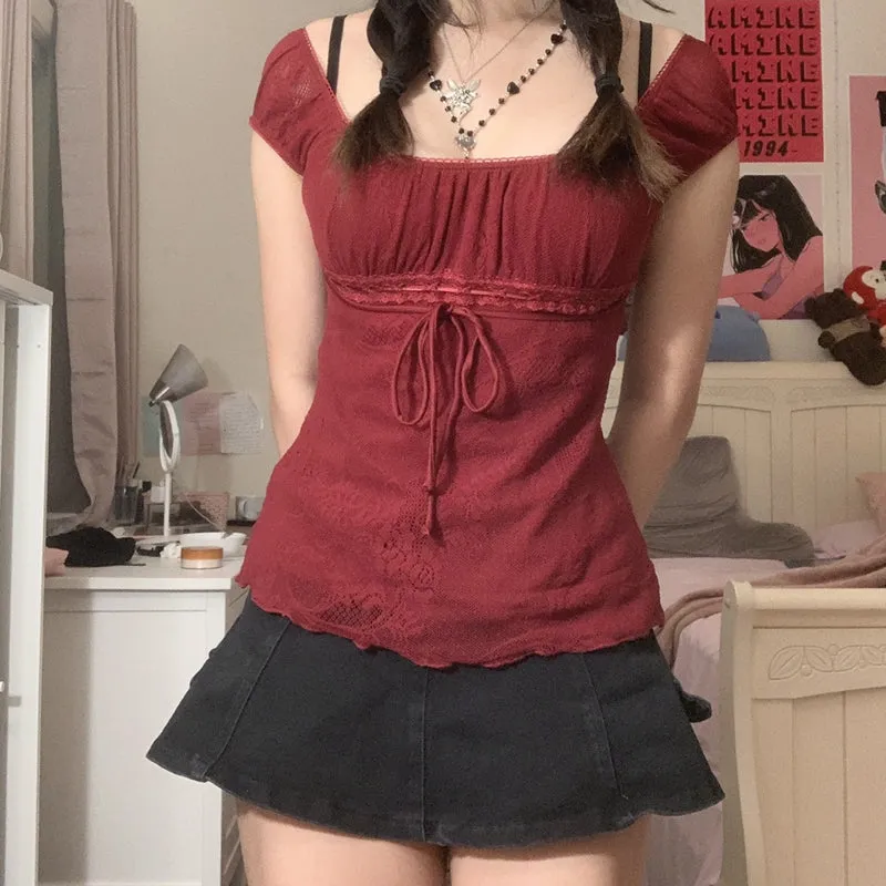 Elegant Lady Square Collar T-shirt Kawaii Bow Short Sleeve Pullovers