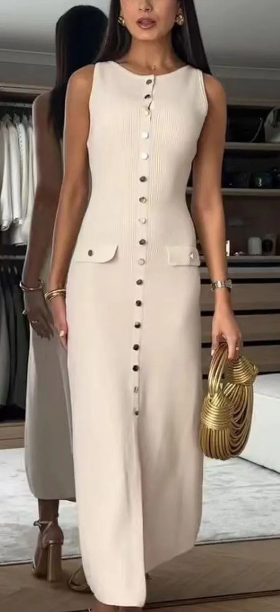 ELFTOWN Women's Summer Sleeveless Single Breasted Knit Maxi Dress Slit Crew Neck Long Sweater Bodycon Dress