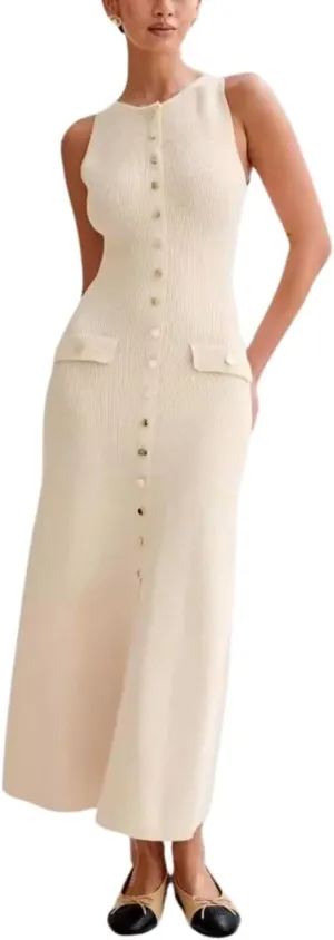 ELFTOWN Women's Summer Sleeveless Single Breasted Knit Maxi Dress Slit Crew Neck Long Sweater Bodycon Dress