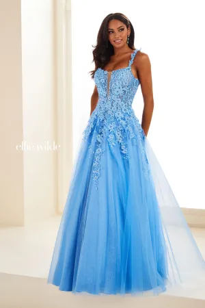Ellie Wilde EW120014 Long Sheer Lace Shimmer Ballgown Prom Dress V Neck Formal Gown