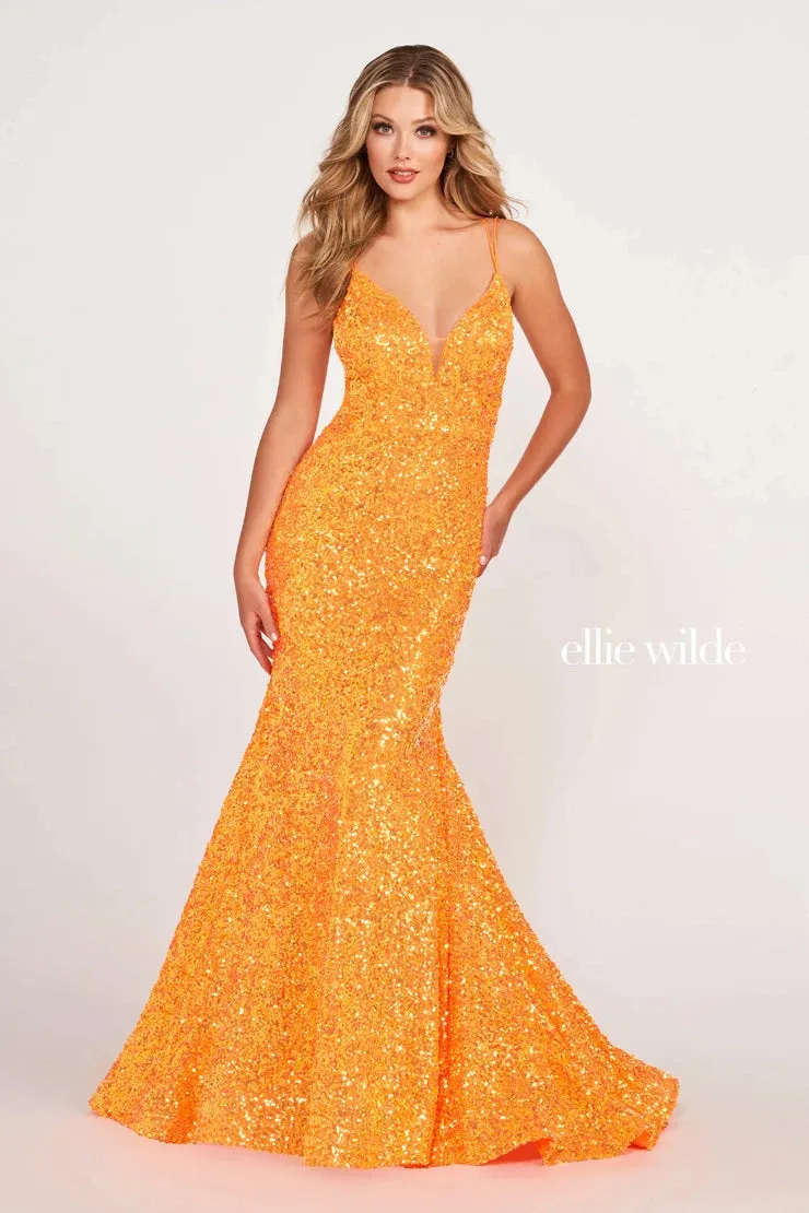 Ellie Wilde EW34016 Size 00 Purple Rain Long Sequin Mermaid Corset Formal Prom Dress Backless V Neck Iridescent