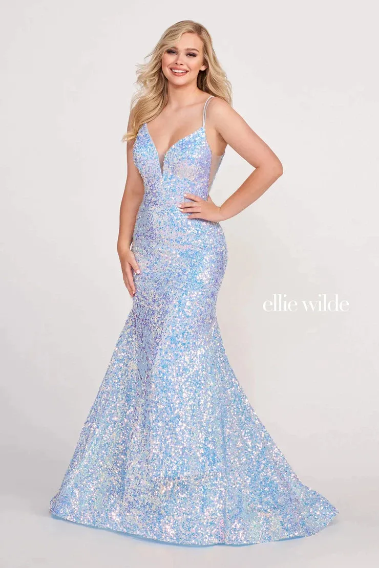 Ellie Wilde EW34016 Size 00 Purple Rain Long Sequin Mermaid Corset Formal Prom Dress Backless V Neck Iridescent