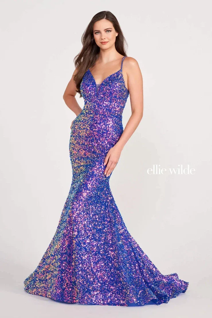Ellie Wilde EW34016 Size 00 Purple Rain Long Sequin Mermaid Corset Formal Prom Dress Backless V Neck Iridescent