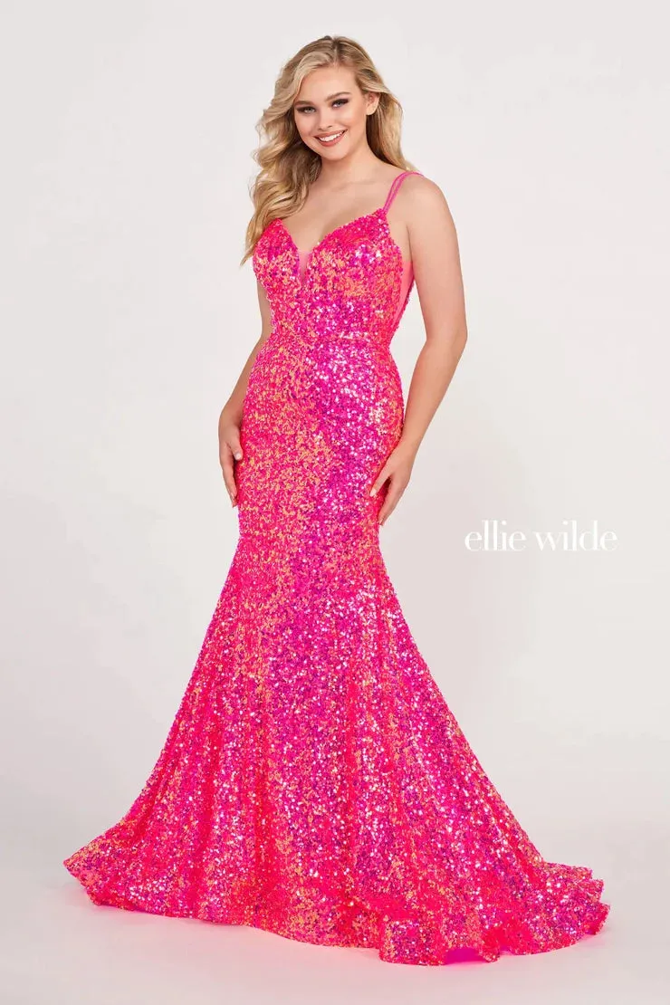 Ellie Wilde EW34016 Size 00 Purple Rain Long Sequin Mermaid Corset Formal Prom Dress Backless V Neck Iridescent