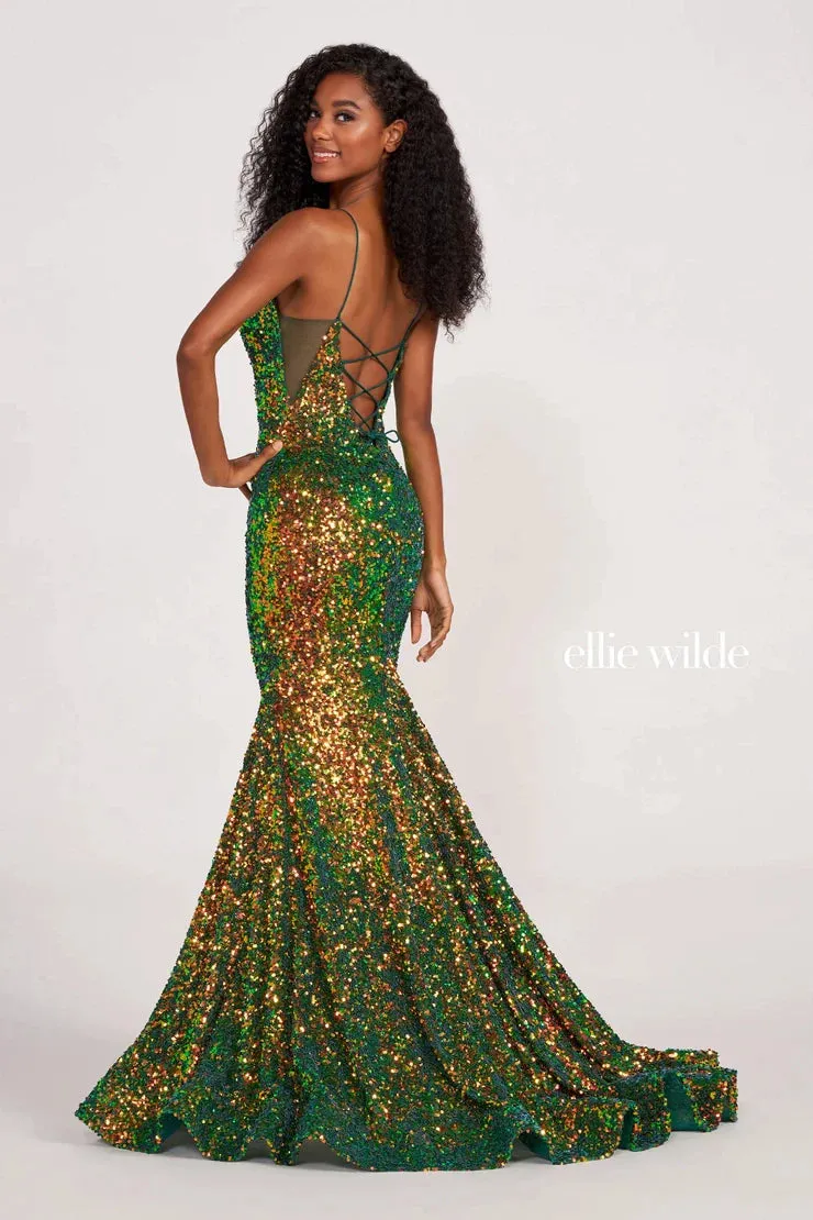 Ellie Wilde EW34016 Size 00 Purple Rain Long Sequin Mermaid Corset Formal Prom Dress Backless V Neck Iridescent