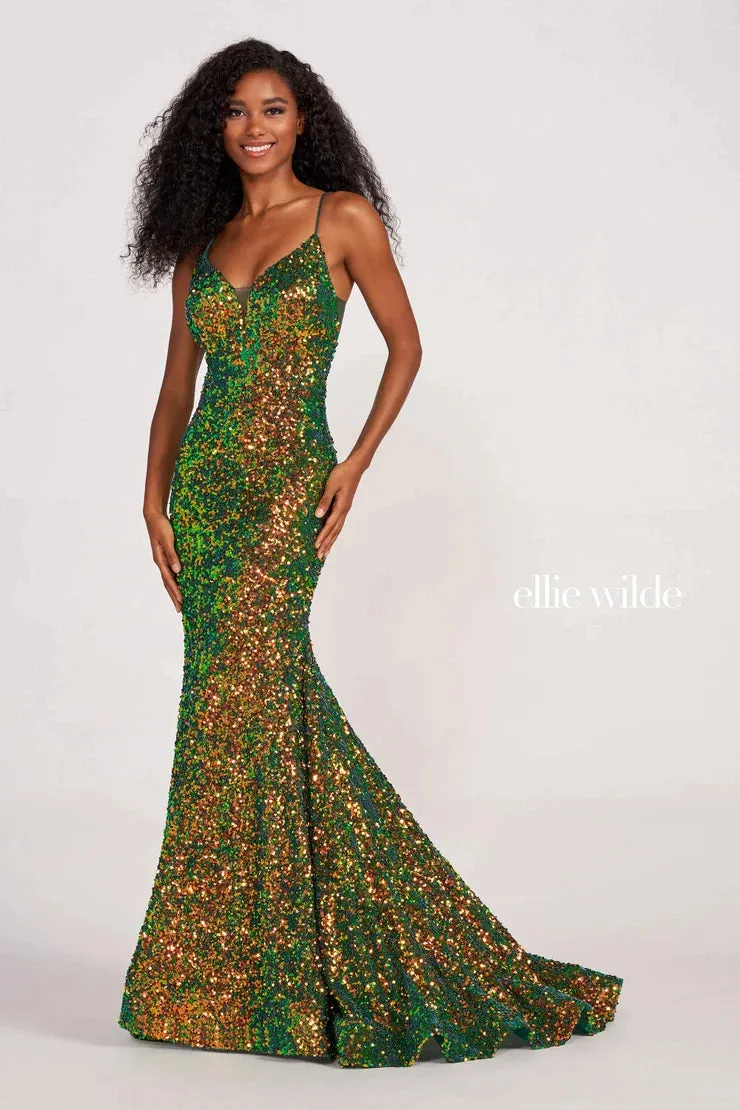 Ellie Wilde EW34016 Size 00 Purple Rain Long Sequin Mermaid Corset Formal Prom Dress Backless V Neck Iridescent