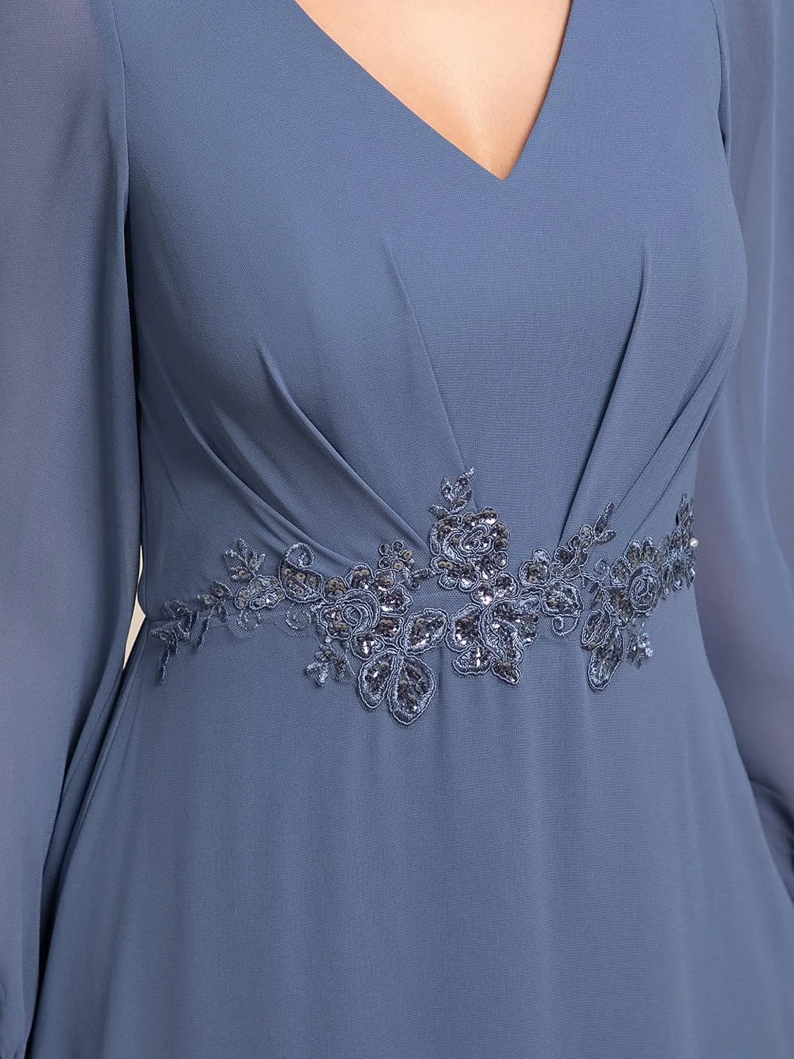 Ever-Pretty Women's Long Sleeves V Neck A Line Appliques Midi Chiffon Maxi Formal Dresses 03027