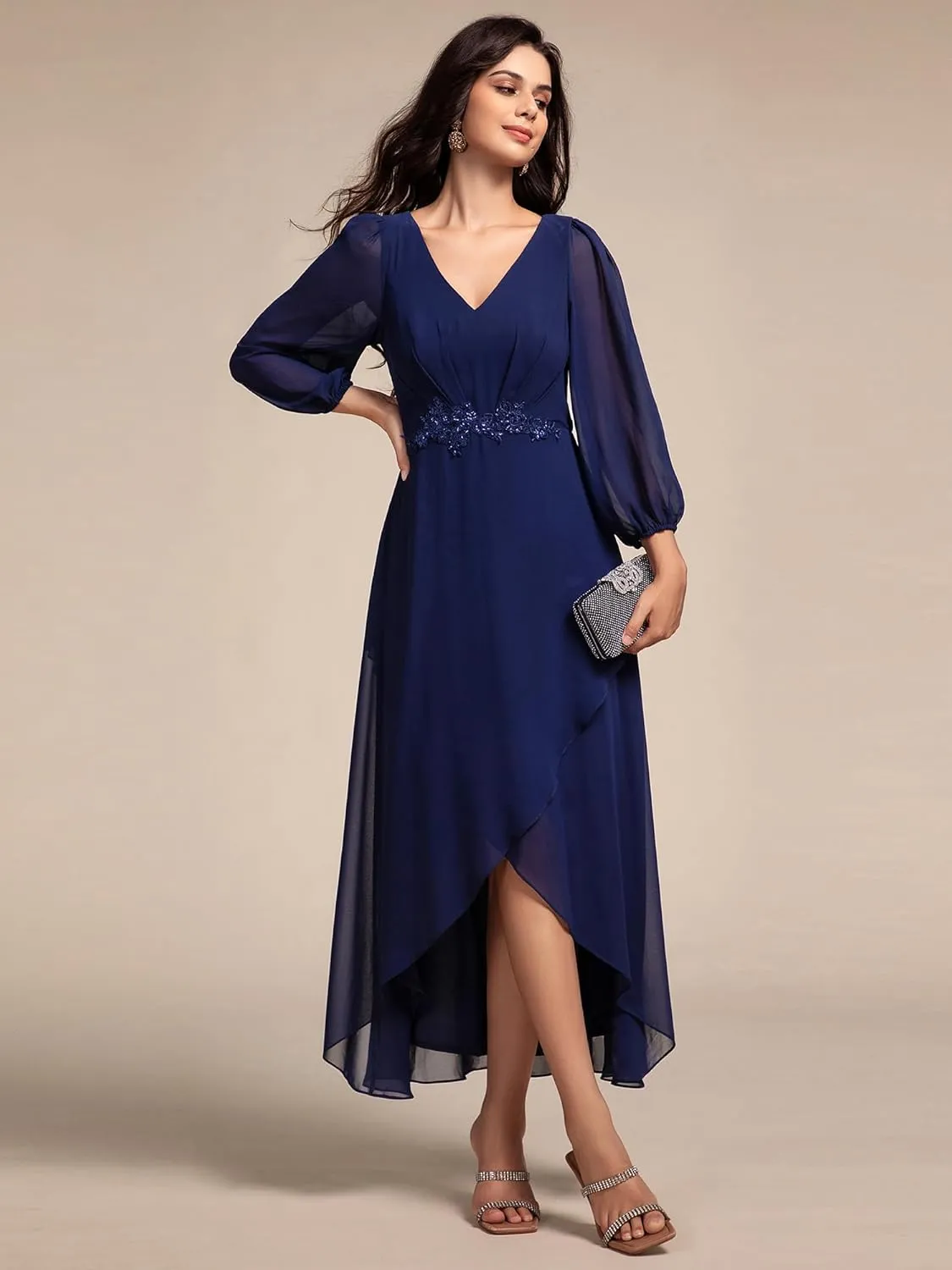 Ever-Pretty Women's Long Sleeves V Neck A Line Appliques Midi Chiffon Maxi Formal Dresses 03027
