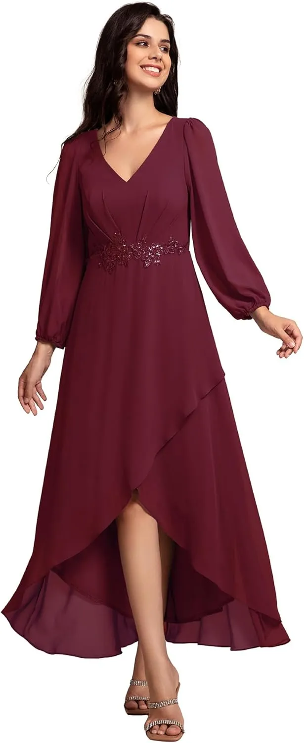 Ever-Pretty Women's Long Sleeves V Neck A Line Appliques Midi Chiffon Maxi Formal Dresses 03027