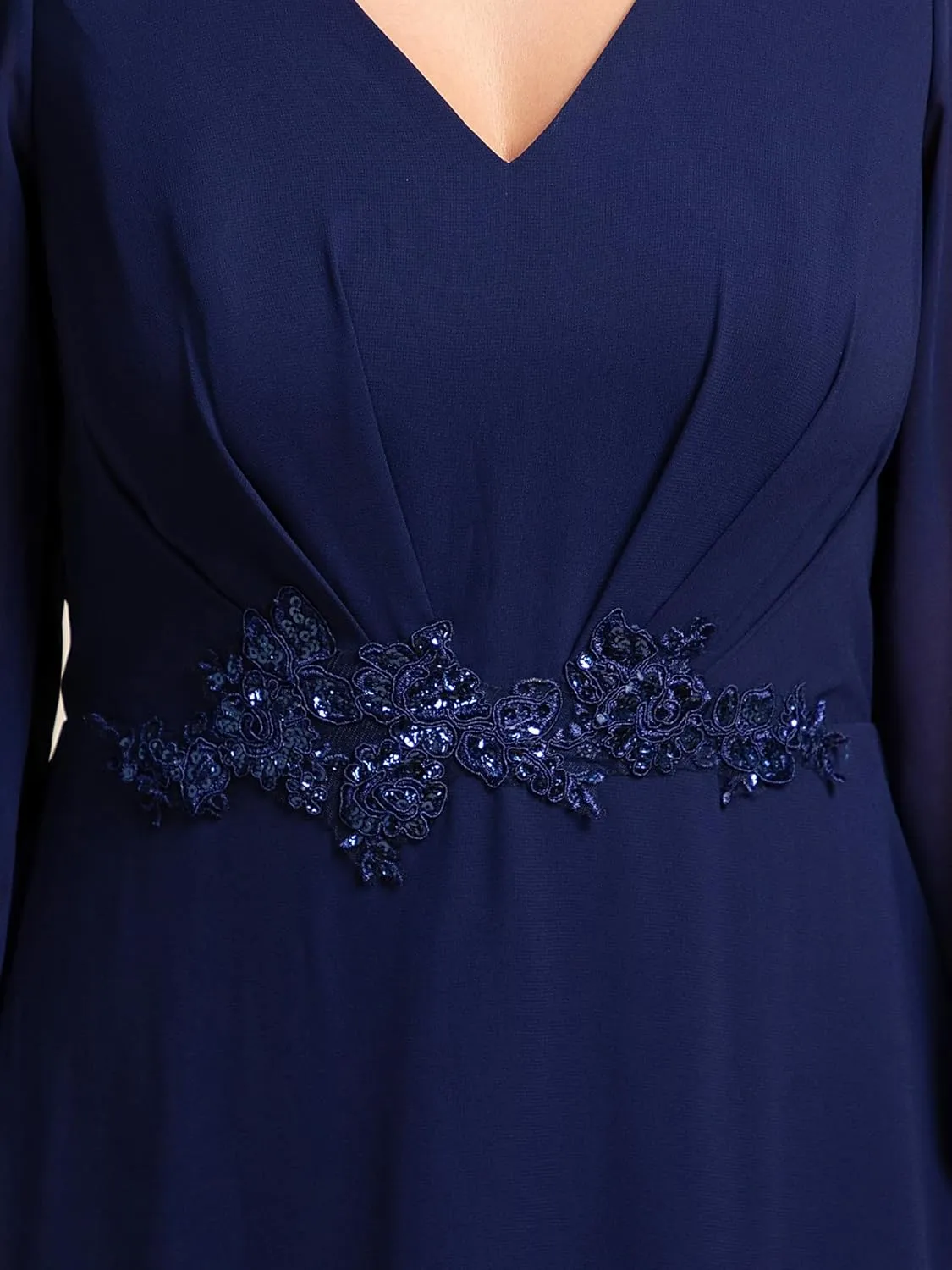 Ever-Pretty Women's Long Sleeves V Neck A Line Appliques Midi Chiffon Maxi Formal Dresses 03027