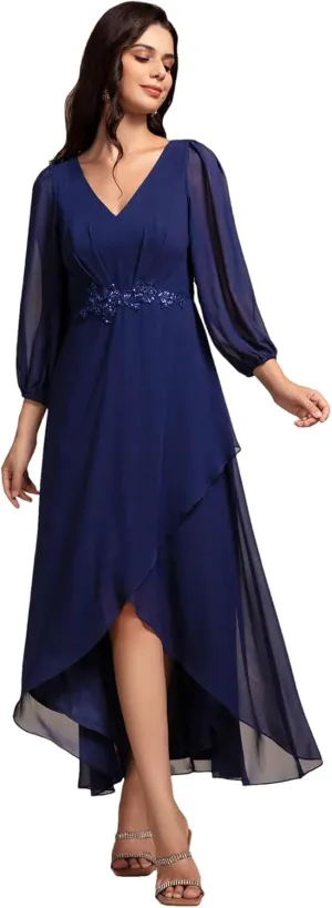Ever-Pretty Women's Long Sleeves V Neck A Line Appliques Midi Chiffon Maxi Formal Dresses 03027