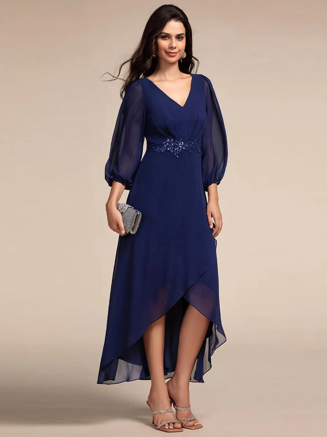 Ever-Pretty Women's Long Sleeves V Neck A Line Appliques Midi Chiffon Maxi Formal Dresses 03027