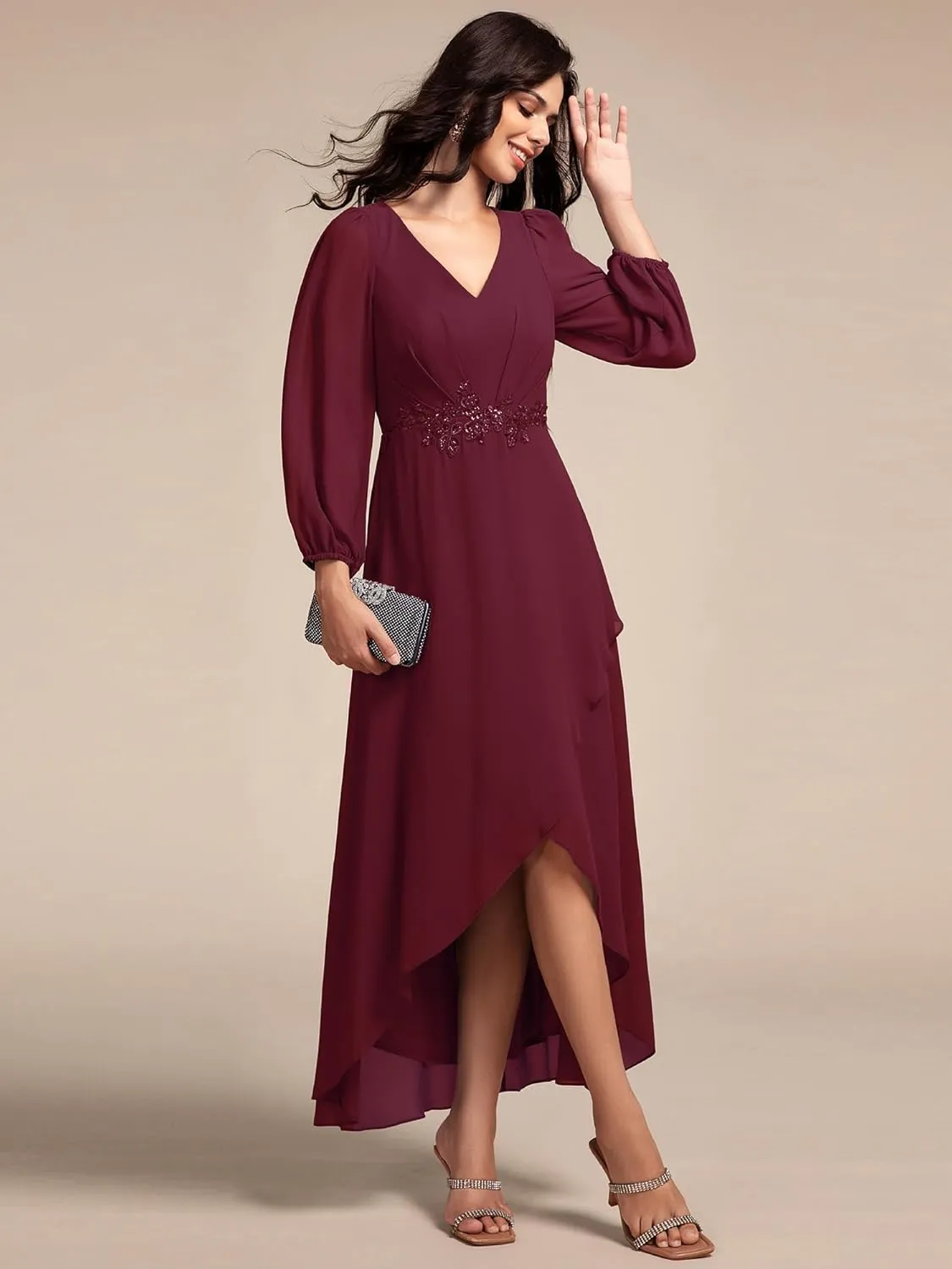Ever-Pretty Women's Long Sleeves V Neck A Line Appliques Midi Chiffon Maxi Formal Dresses 03027