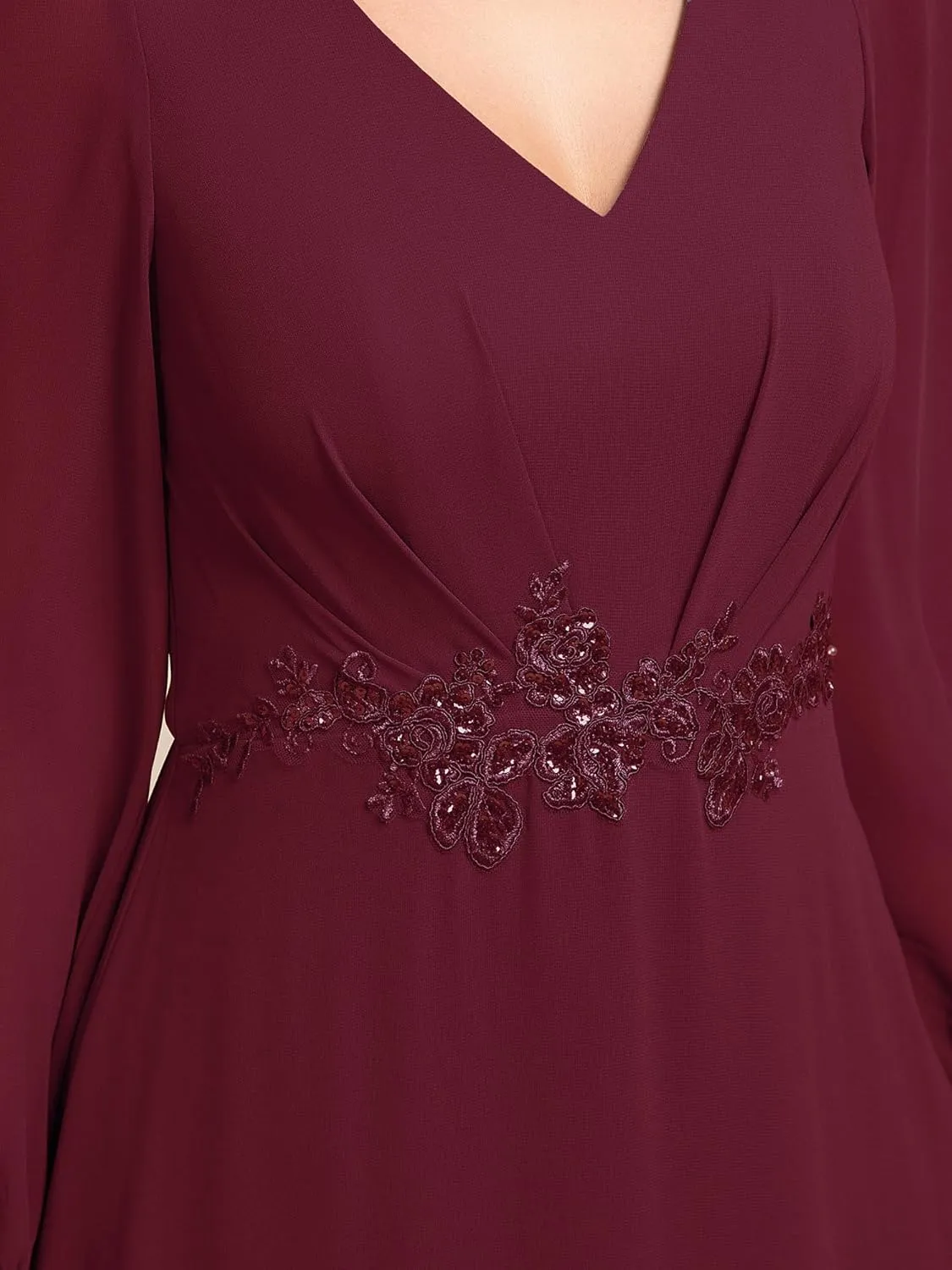 Ever-Pretty Women's Long Sleeves V Neck A Line Appliques Midi Chiffon Maxi Formal Dresses 03027