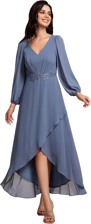 Ever-Pretty Women's Long Sleeves V Neck A Line Appliques Midi Chiffon Maxi Formal Dresses 03027