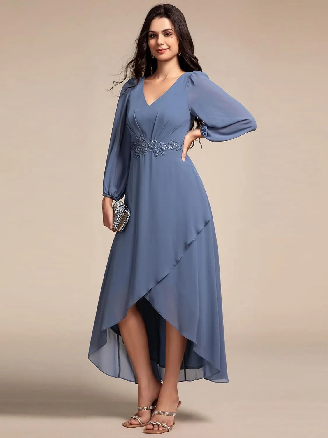 Ever-Pretty Women's Long Sleeves V Neck A Line Appliques Midi Chiffon Maxi Formal Dresses 03027