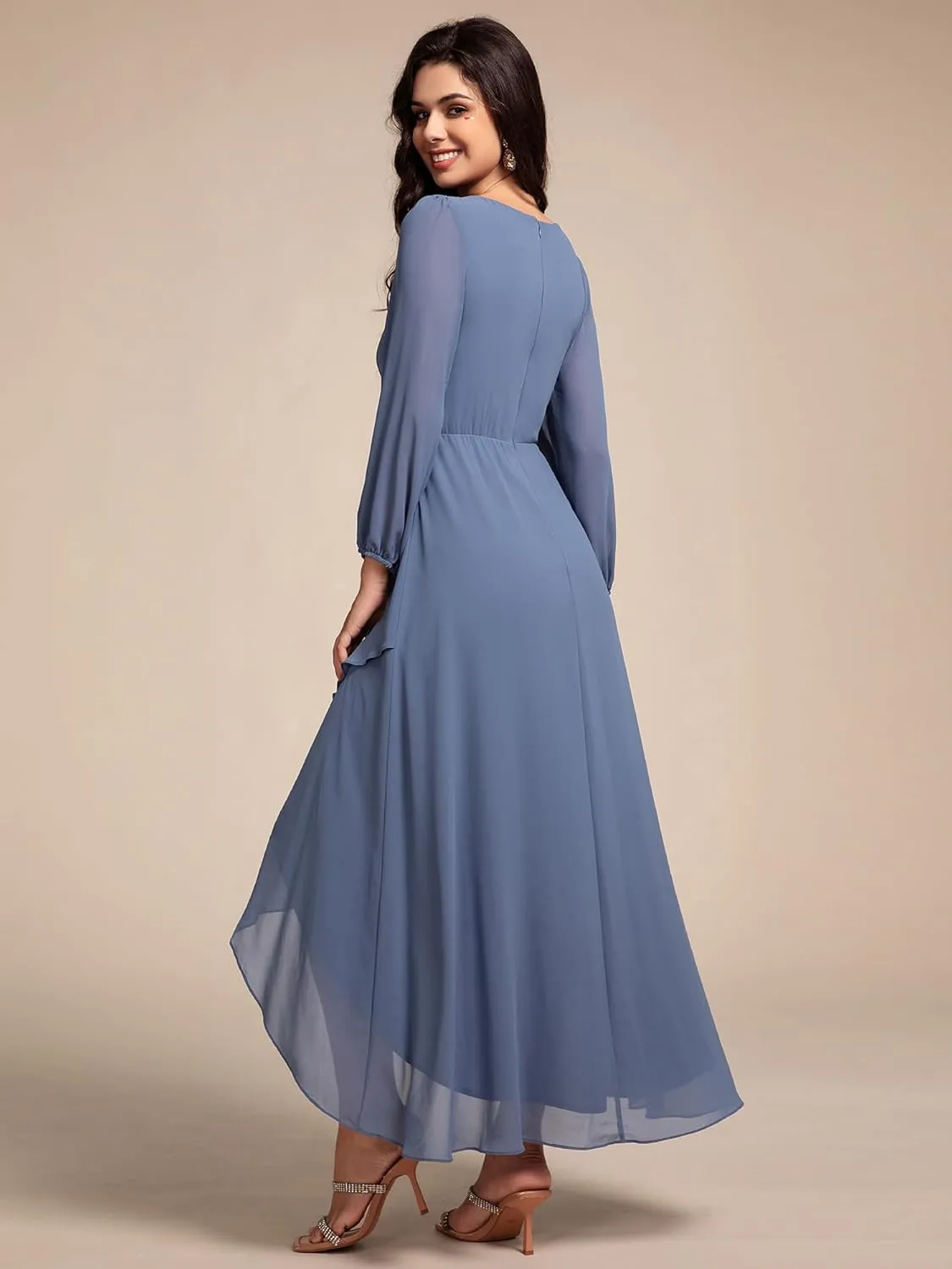 Ever-Pretty Women's Long Sleeves V Neck A Line Appliques Midi Chiffon Maxi Formal Dresses 03027