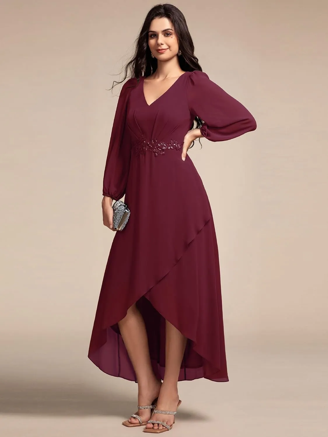 Ever-Pretty Women's Long Sleeves V Neck A Line Appliques Midi Chiffon Maxi Formal Dresses 03027