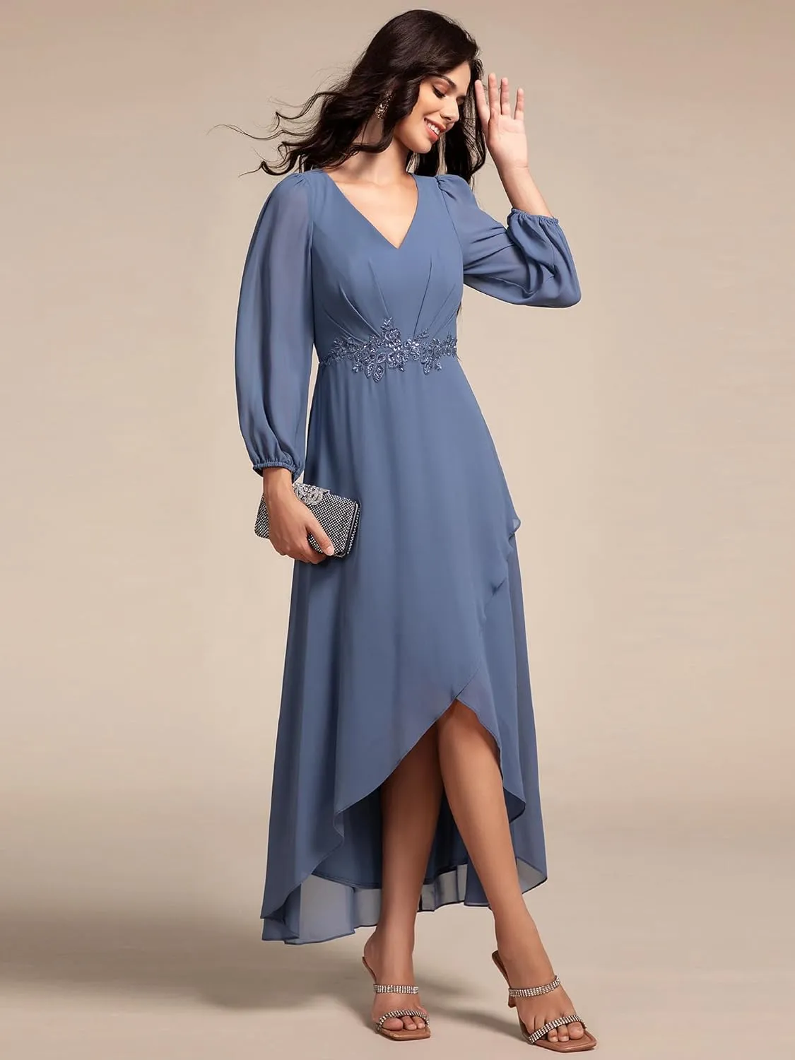 Ever-Pretty Women's Long Sleeves V Neck A Line Appliques Midi Chiffon Maxi Formal Dresses 03027