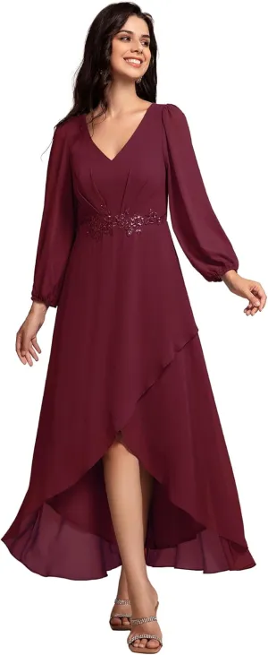 Ever-Pretty Women's Long Sleeves V Neck A Line Appliques Midi Chiffon Maxi Formal Dresses 03027
