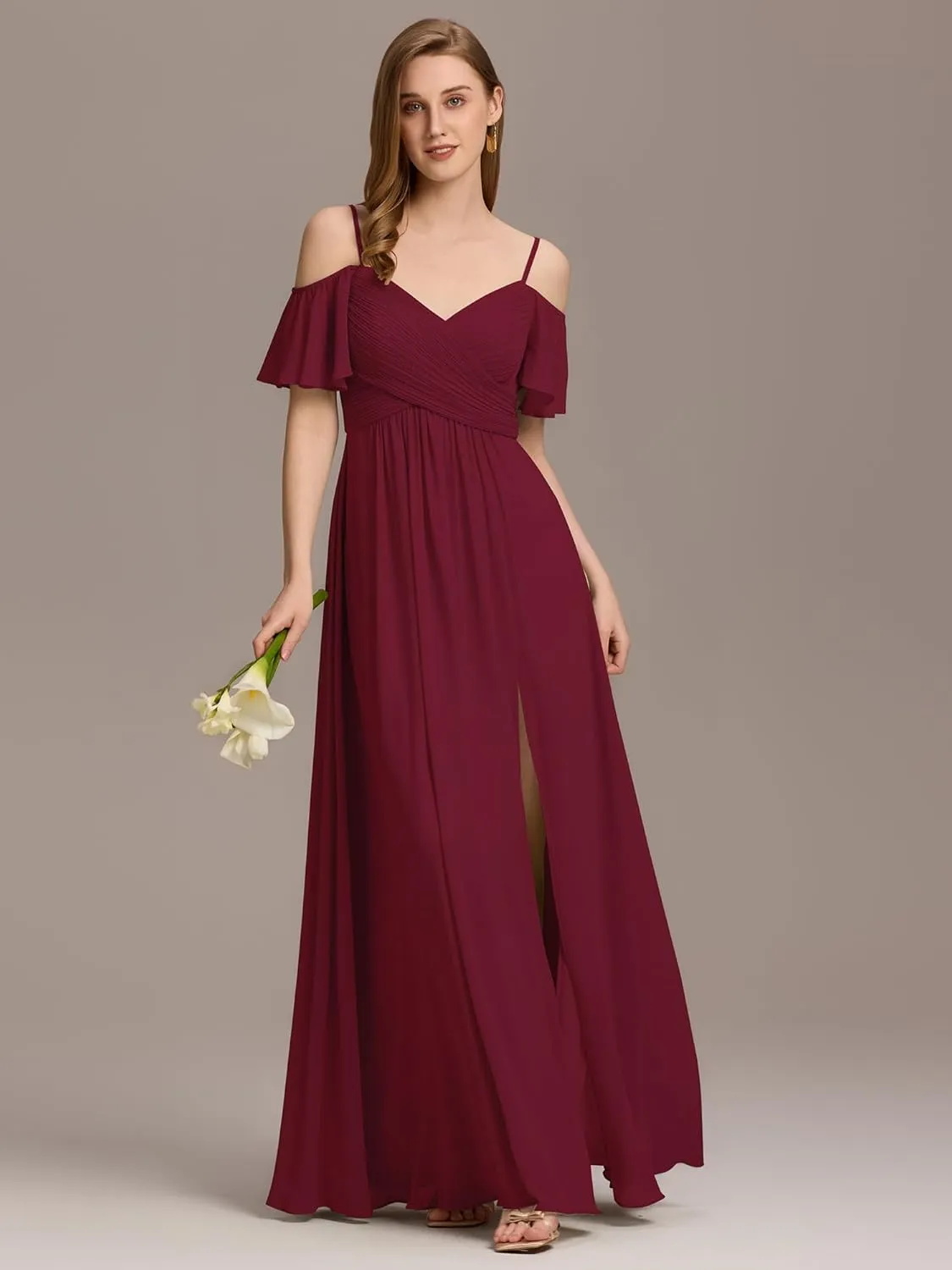 Ever-Pretty Women's V Neck Pleated Cold Shoulder Chiffon Slit Floor Length Bridesmaid Dresses 02365