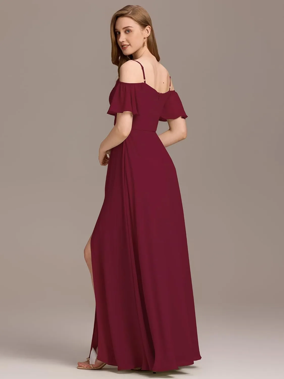 Ever-Pretty Women's V Neck Pleated Cold Shoulder Chiffon Slit Floor Length Bridesmaid Dresses 02365