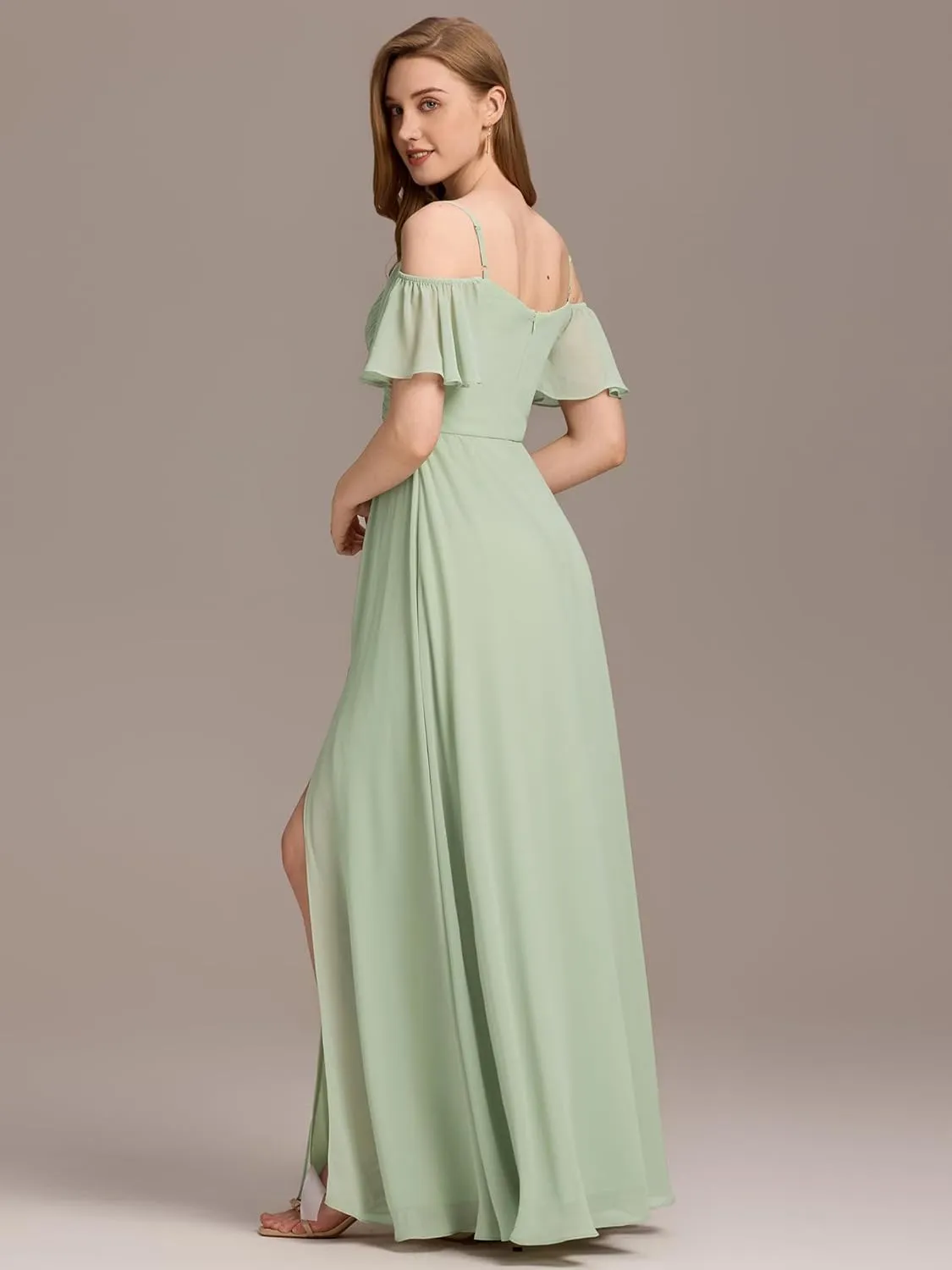 Ever-Pretty Women's V Neck Pleated Cold Shoulder Chiffon Slit Floor Length Bridesmaid Dresses 02365