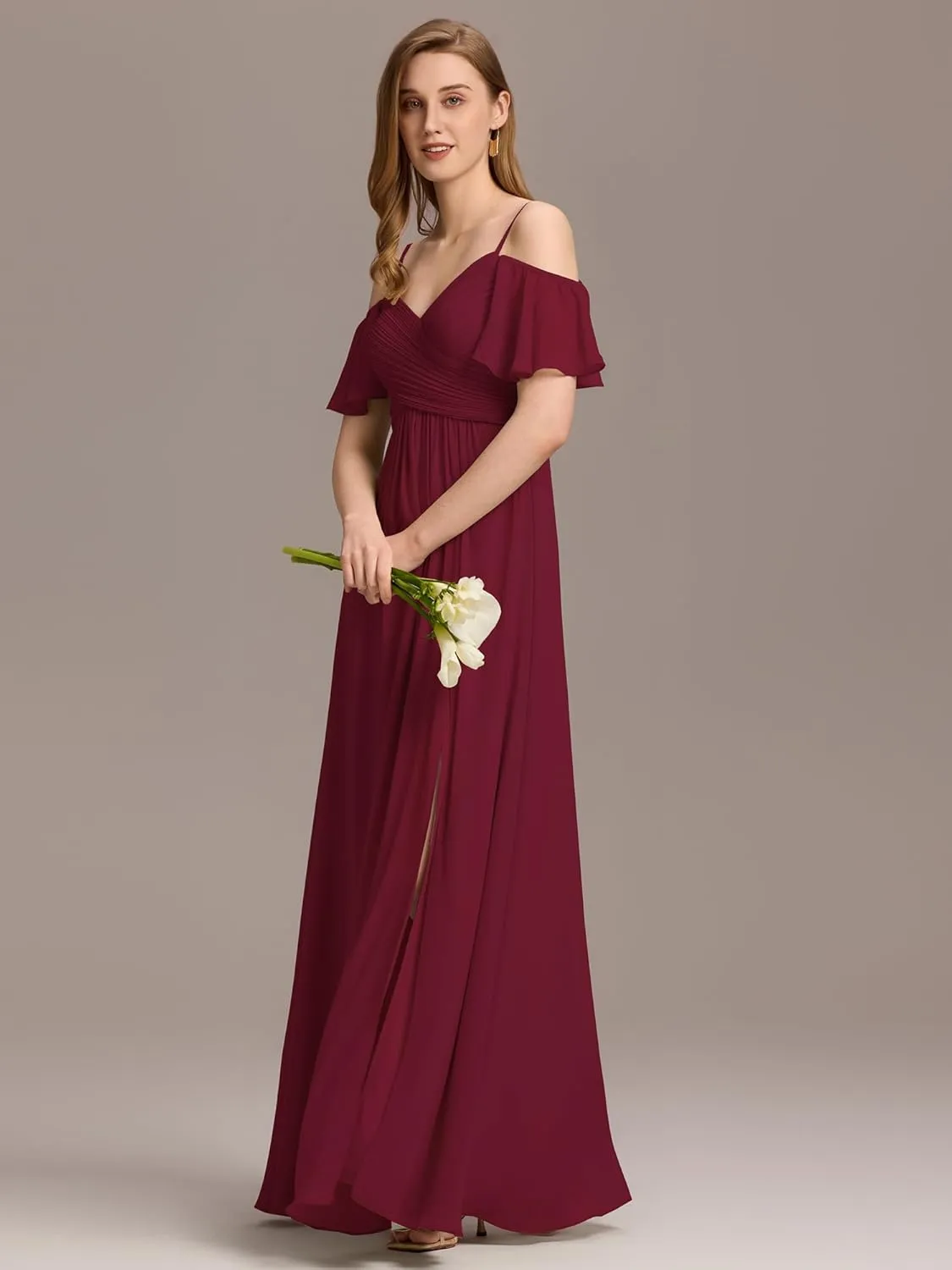 Ever-Pretty Women's V Neck Pleated Cold Shoulder Chiffon Slit Floor Length Bridesmaid Dresses 02365