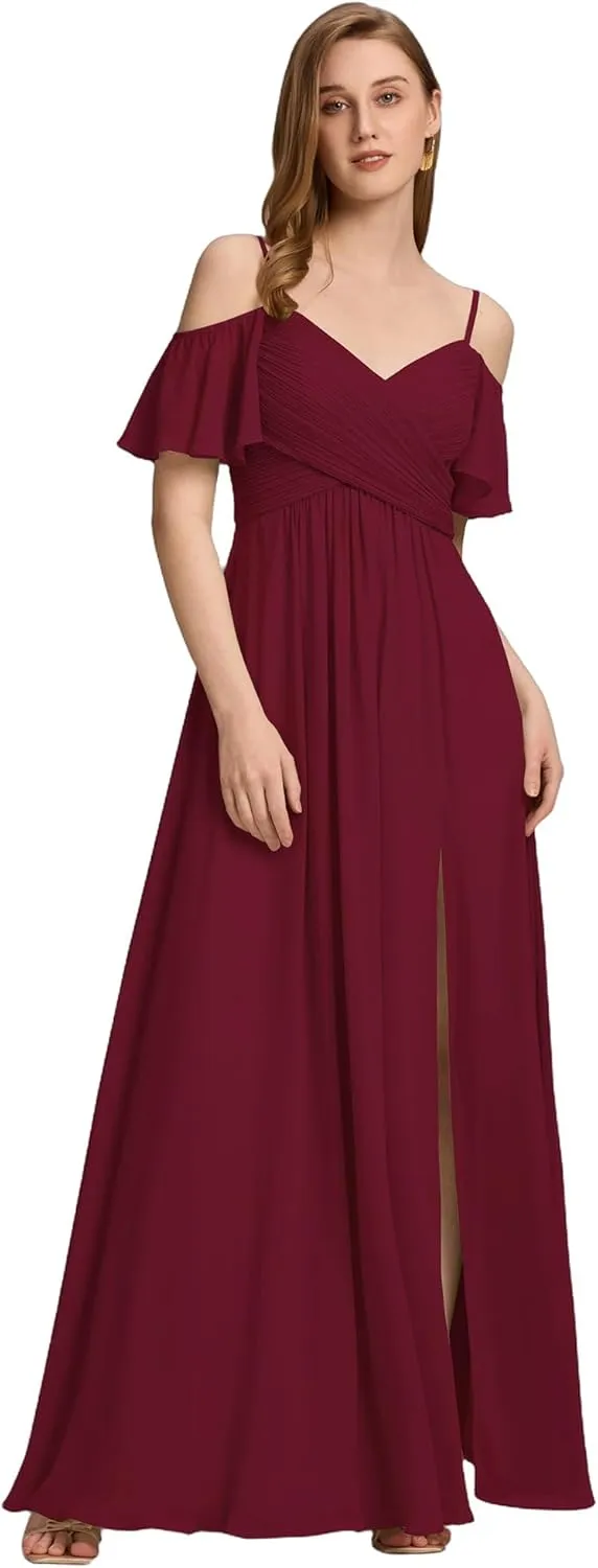 Ever-Pretty Women's V Neck Pleated Cold Shoulder Chiffon Slit Floor Length Bridesmaid Dresses 02365