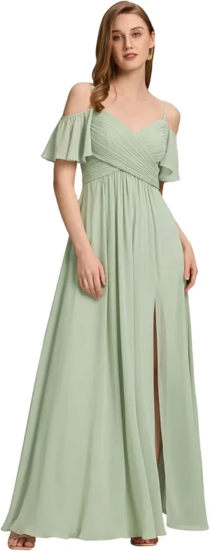 Ever-Pretty Women's V Neck Pleated Cold Shoulder Chiffon Slit Floor Length Bridesmaid Dresses 02365