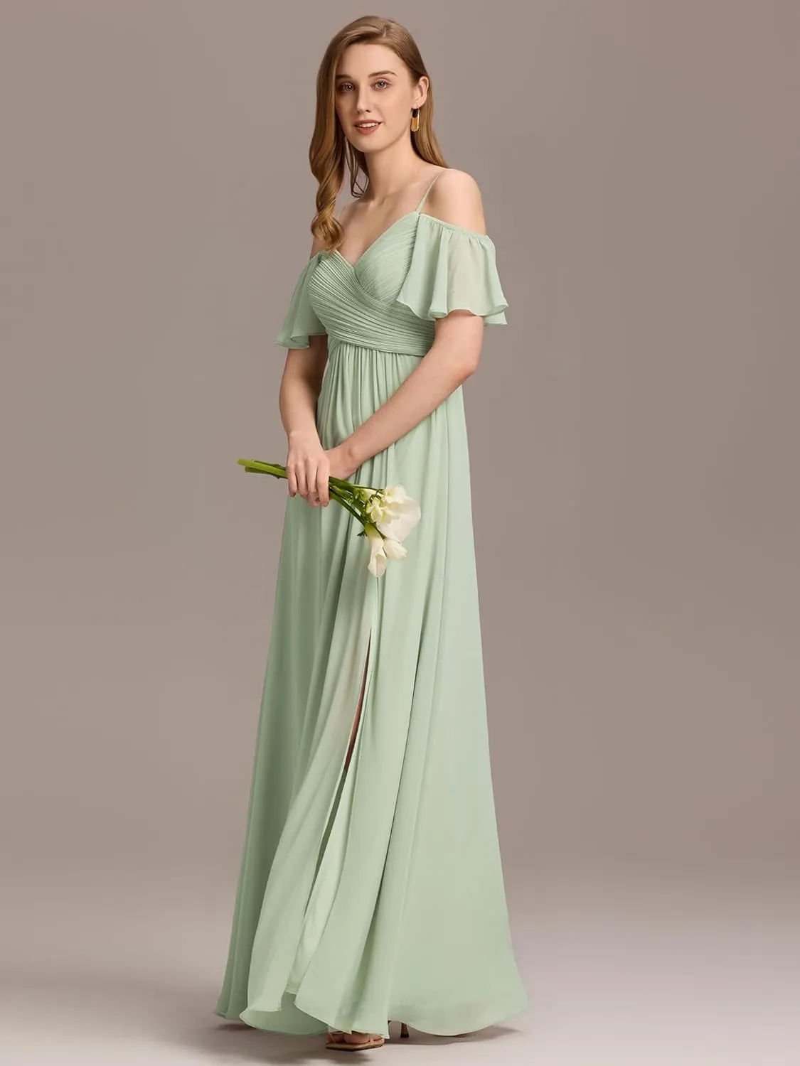 Ever-Pretty Women's V Neck Pleated Cold Shoulder Chiffon Slit Floor Length Bridesmaid Dresses 02365
