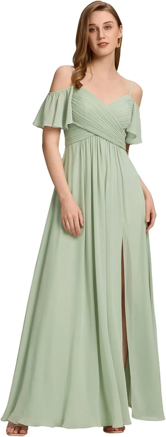 Ever-Pretty Women's V Neck Pleated Cold Shoulder Chiffon Slit Floor Length Bridesmaid Dresses 02365