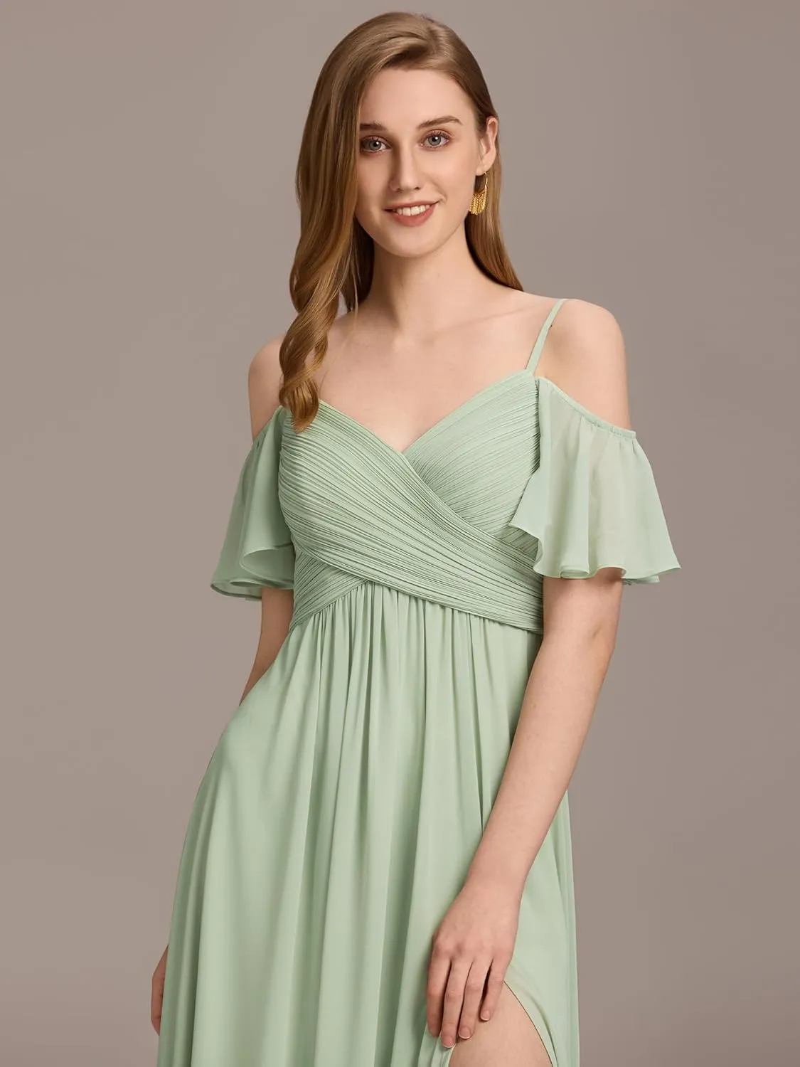 Ever-Pretty Women's V Neck Pleated Cold Shoulder Chiffon Slit Floor Length Bridesmaid Dresses 02365