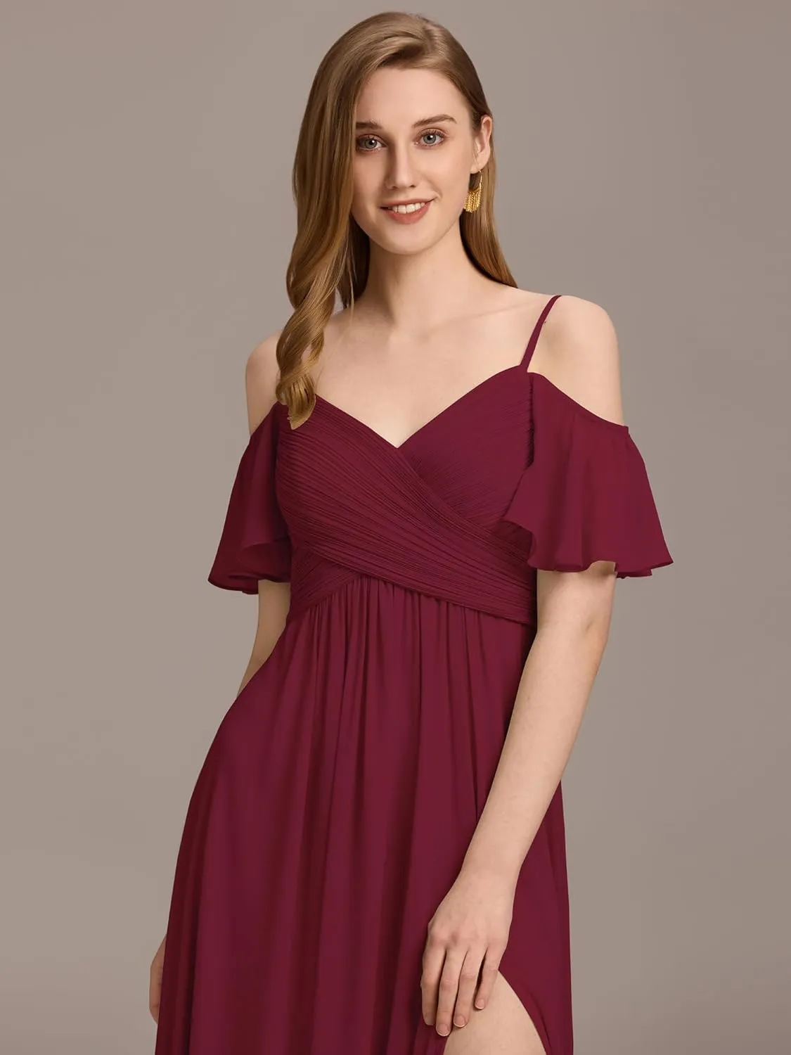 Ever-Pretty Women's V Neck Pleated Cold Shoulder Chiffon Slit Floor Length Bridesmaid Dresses 02365