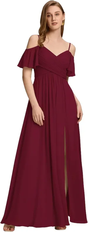 Ever-Pretty Women's V Neck Pleated Cold Shoulder Chiffon Slit Floor Length Bridesmaid Dresses 02365